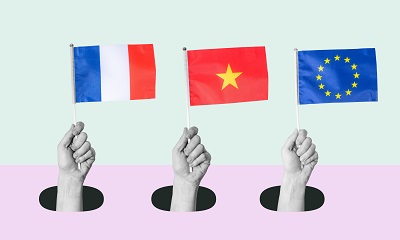 Depiction of 3 hands holding up flags of France, China, European Union